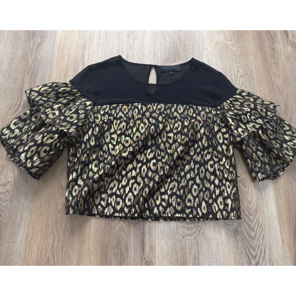 Kendall + Kylie Gold Leopard Ruffle Sleeve Womens‎ XL Festive Going Out Top